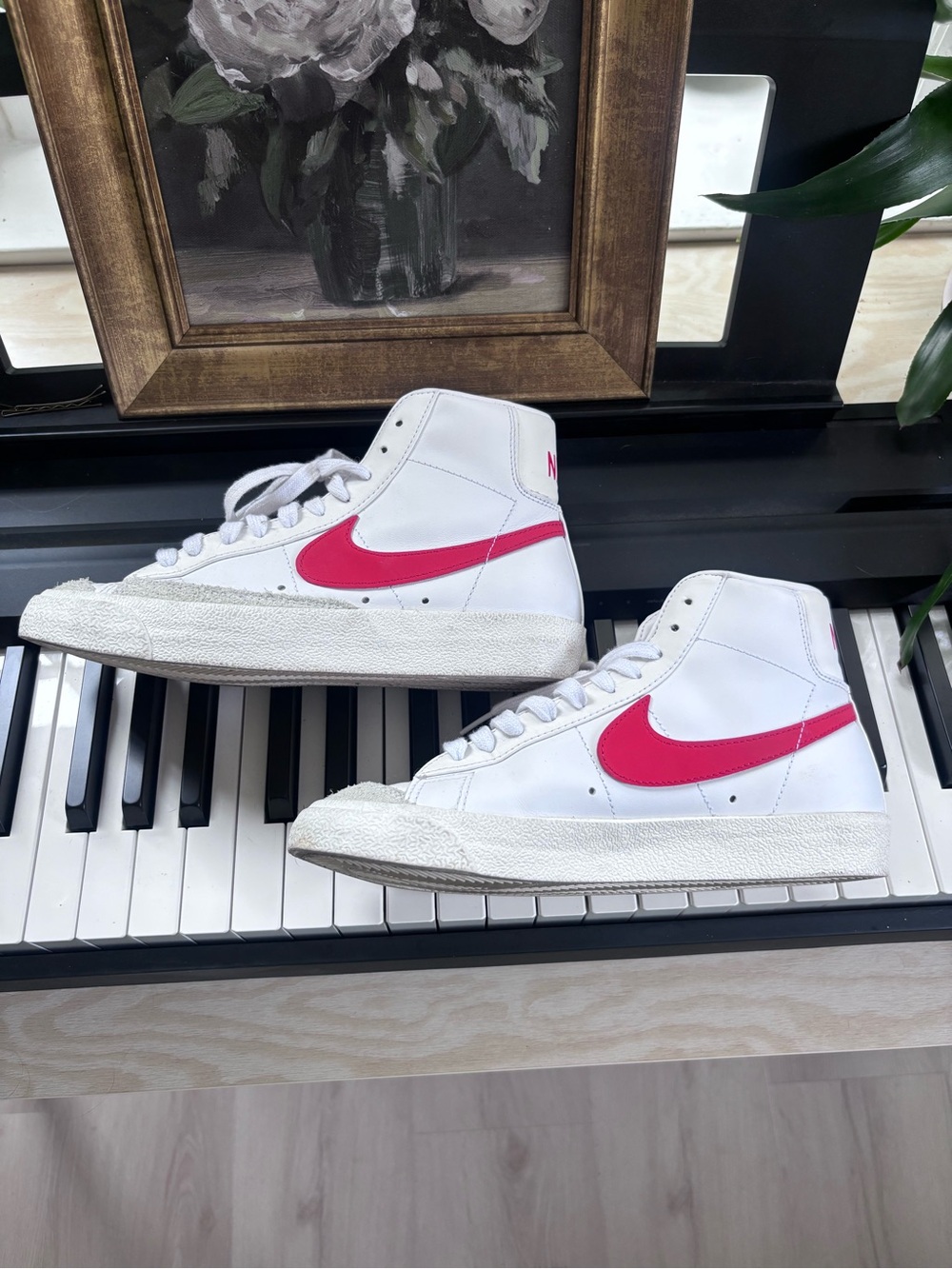 Nike White High-Top Blazer Sneakers with Red Swoosh
